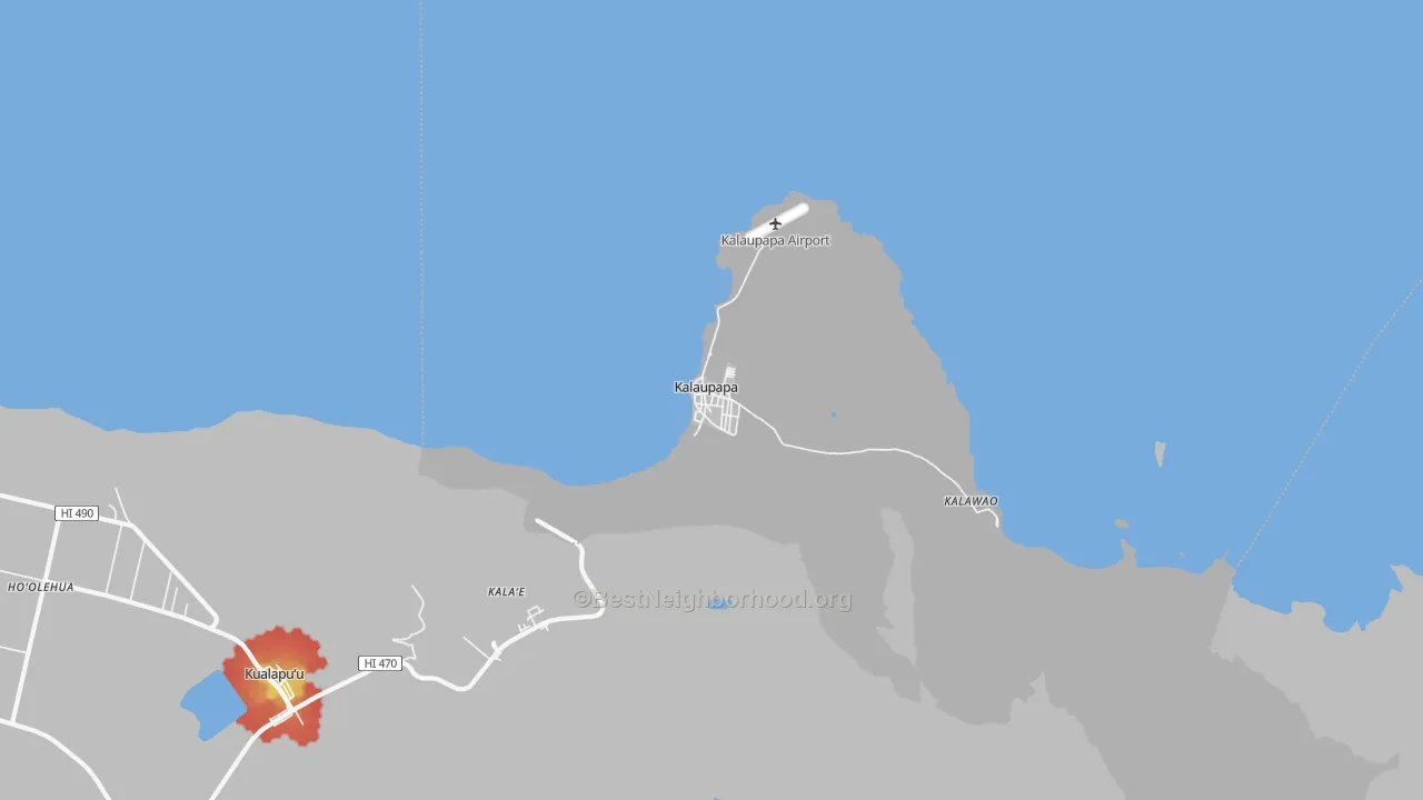 Walk Grade map of Kalawao County, HI, walkable areas in green and car-dependent areas in red