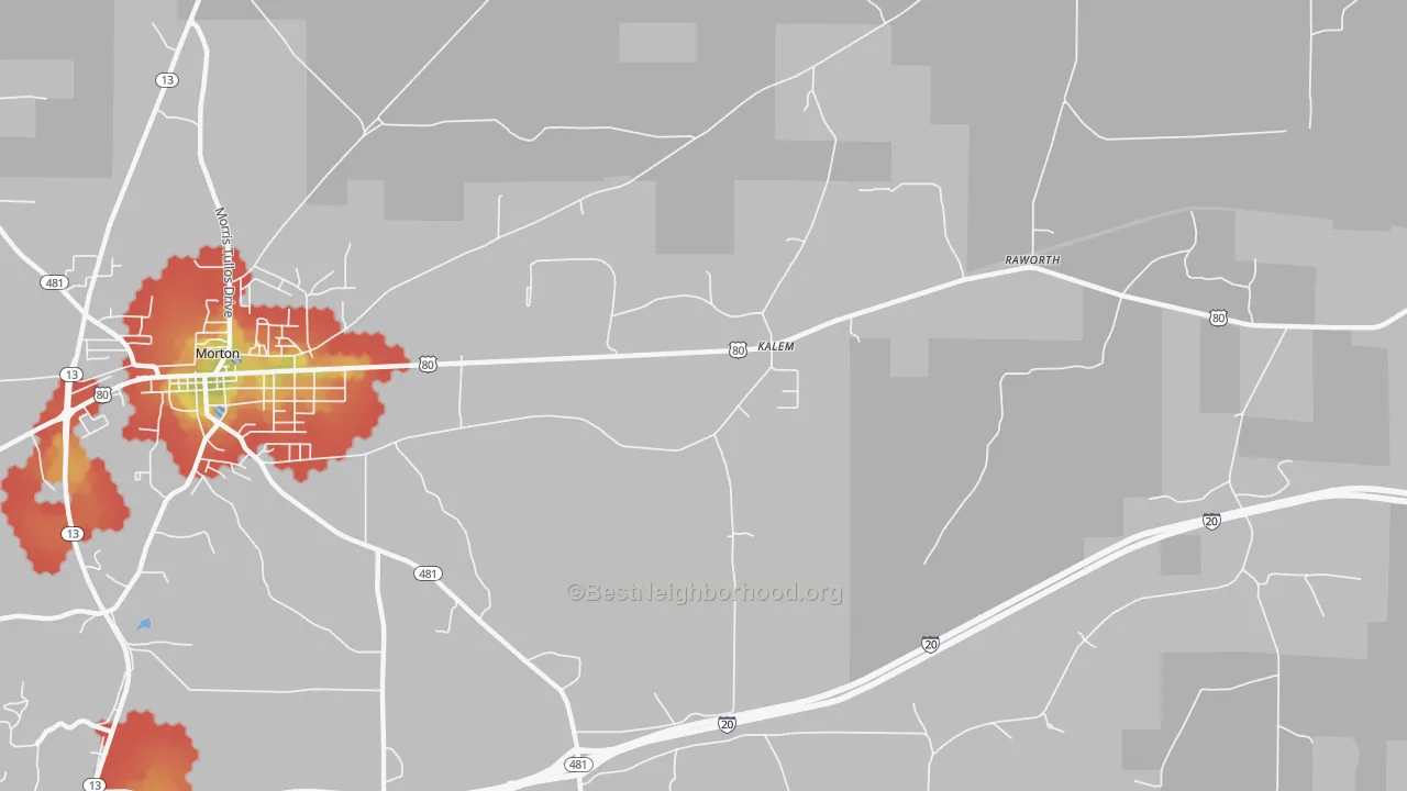 Walk Grade map of Kalem, MS, walkable areas in green and car-dependent areas in red