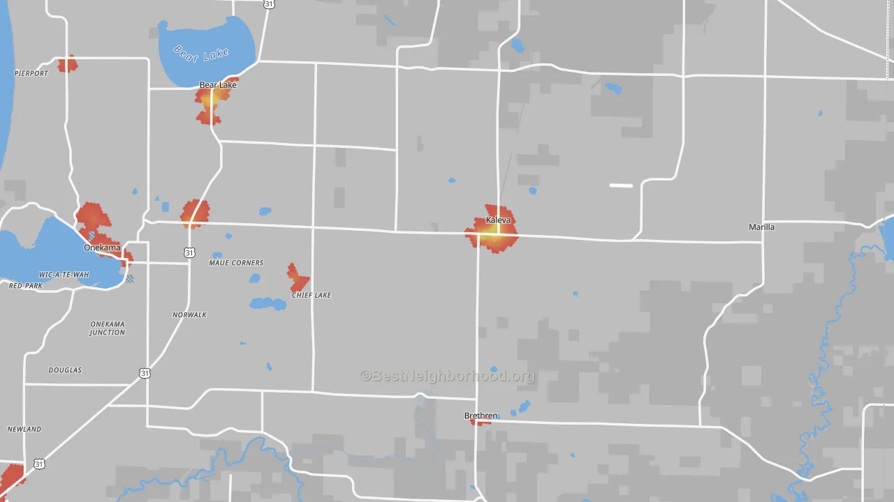 Walk Grade map of Kaleva, MI, walkable areas in green and car-dependent areas in red