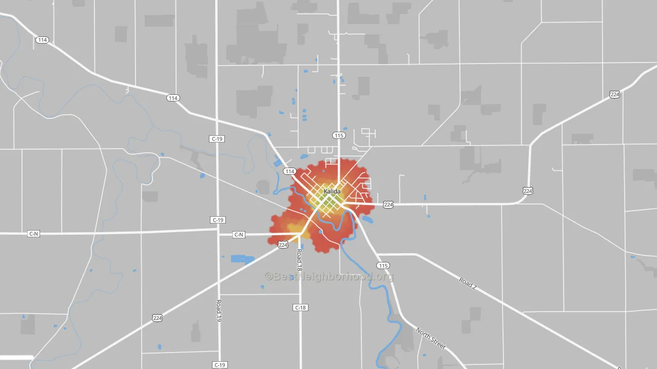 Walk Grade map of Kalida, OH, walkable areas in green and car-dependent areas in red