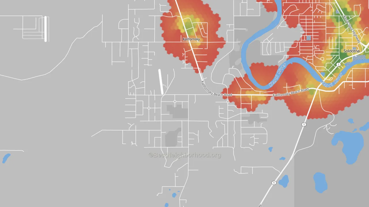 Walk Grade map of Kalifornsky, AK, walkable areas in green and car-dependent areas in red