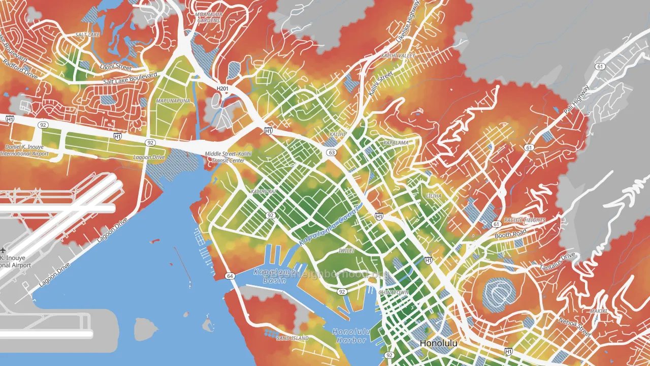 Walk Grade map of Kalihi-Palama, Honolulu, HI, walkable areas in green and car-dependent areas in red