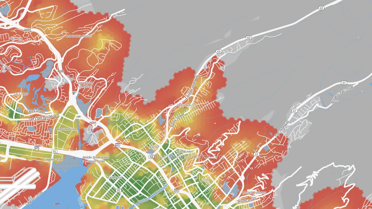 Walk Grade map of Kalihi Valley, Honolulu, HI, walkable areas in green and car-dependent areas in red