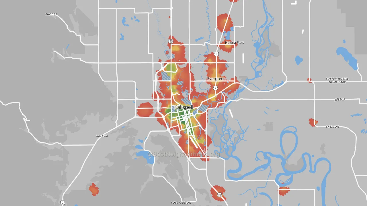 Walk Grade map of Kalispell, MT, walkable areas in green and car-dependent areas in red