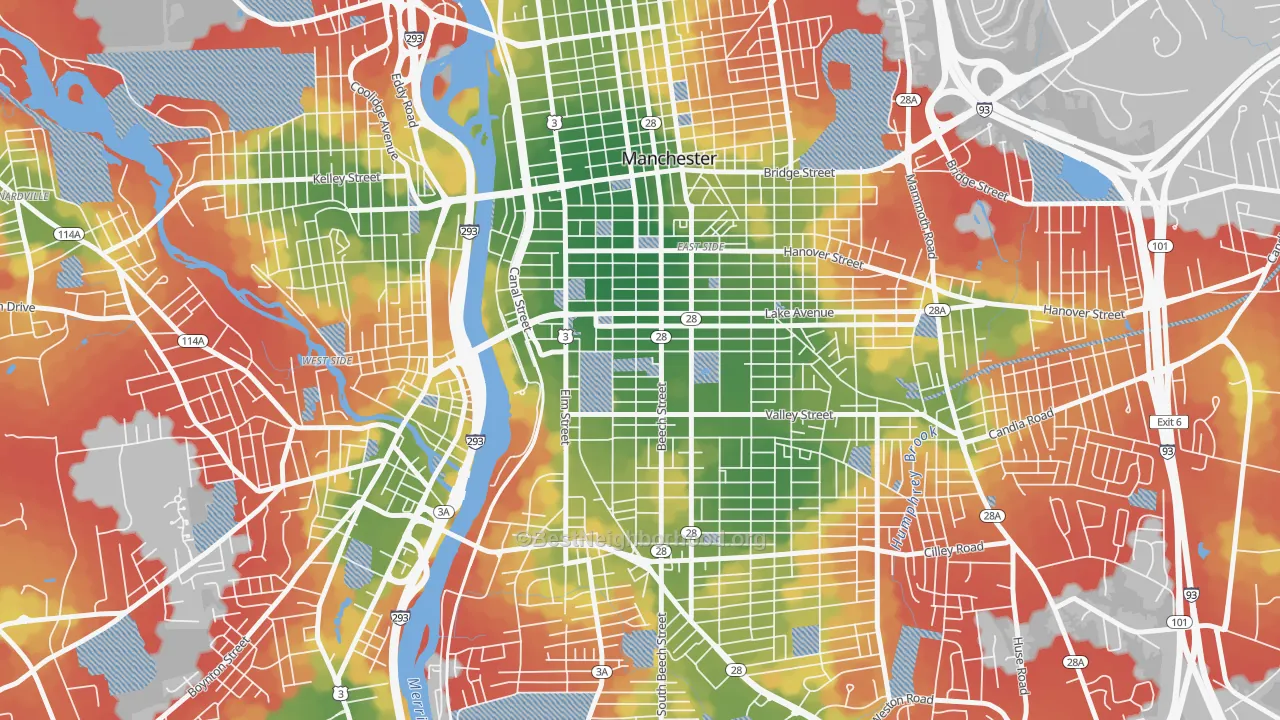Walk Grade map of Kalivas Union, Manchester, NH, walkable areas in green and car-dependent areas in red