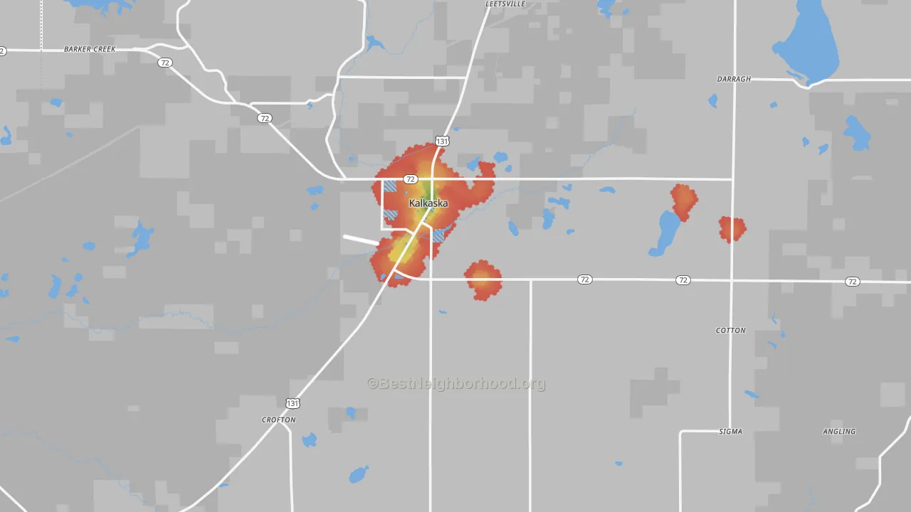 Walk Grade map of Kalkaska County, MI, walkable areas in green and car-dependent areas in red