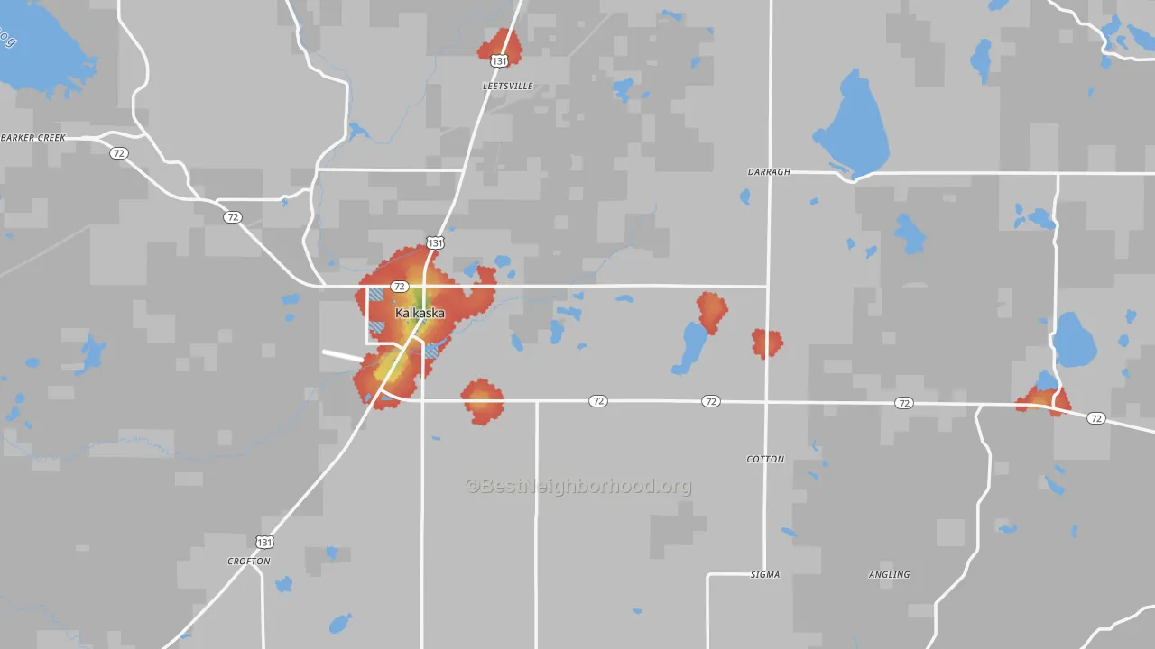Walk Grade map of Kalkaska, MI, walkable areas in green and car-dependent areas in red