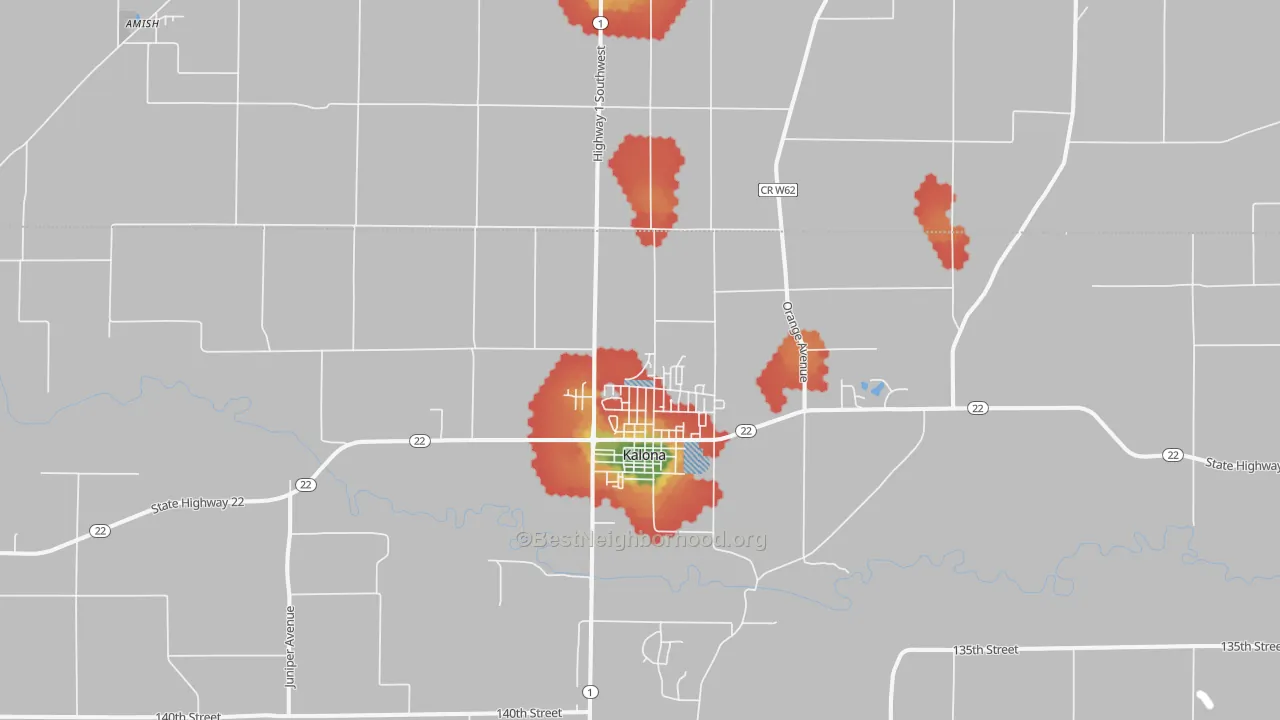 Walk Grade map of Kalona, IA, walkable areas in green and car-dependent areas in red