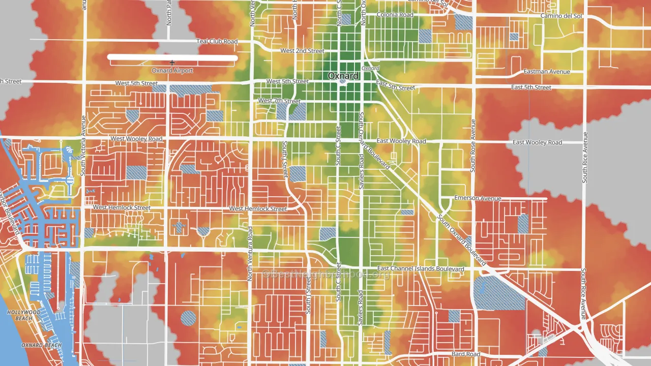 Walk Grade map of Kamala Park, Oxnard, CA, walkable areas in green and car-dependent areas in red