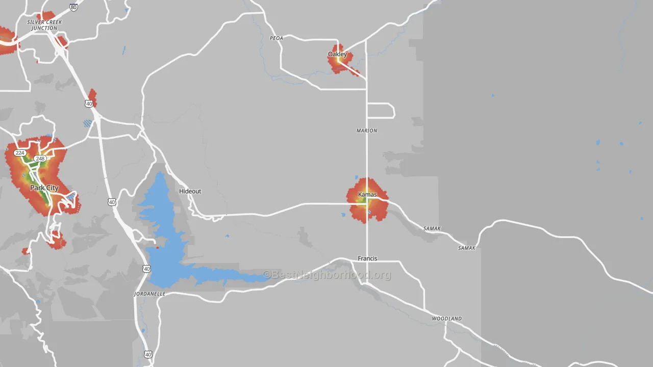 Walk Grade map of Kamas, UT, walkable areas in green and car-dependent areas in red