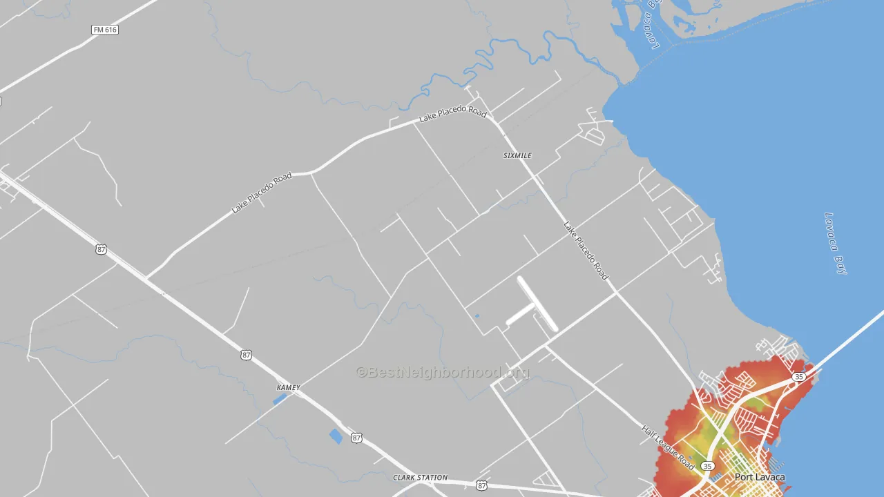 Walk Grade map of Kamey, TX, walkable areas in green and car-dependent areas in red