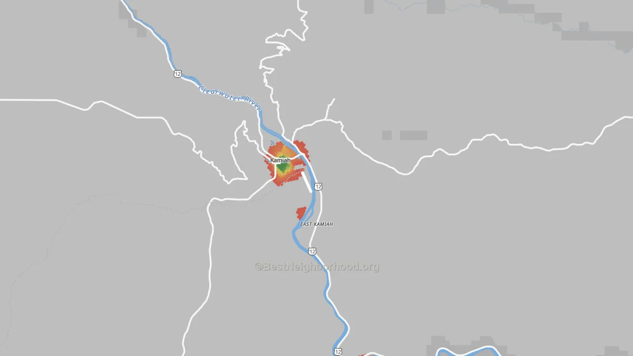 Walk Grade map of Kamiah, ID, walkable areas in green and car-dependent areas in red