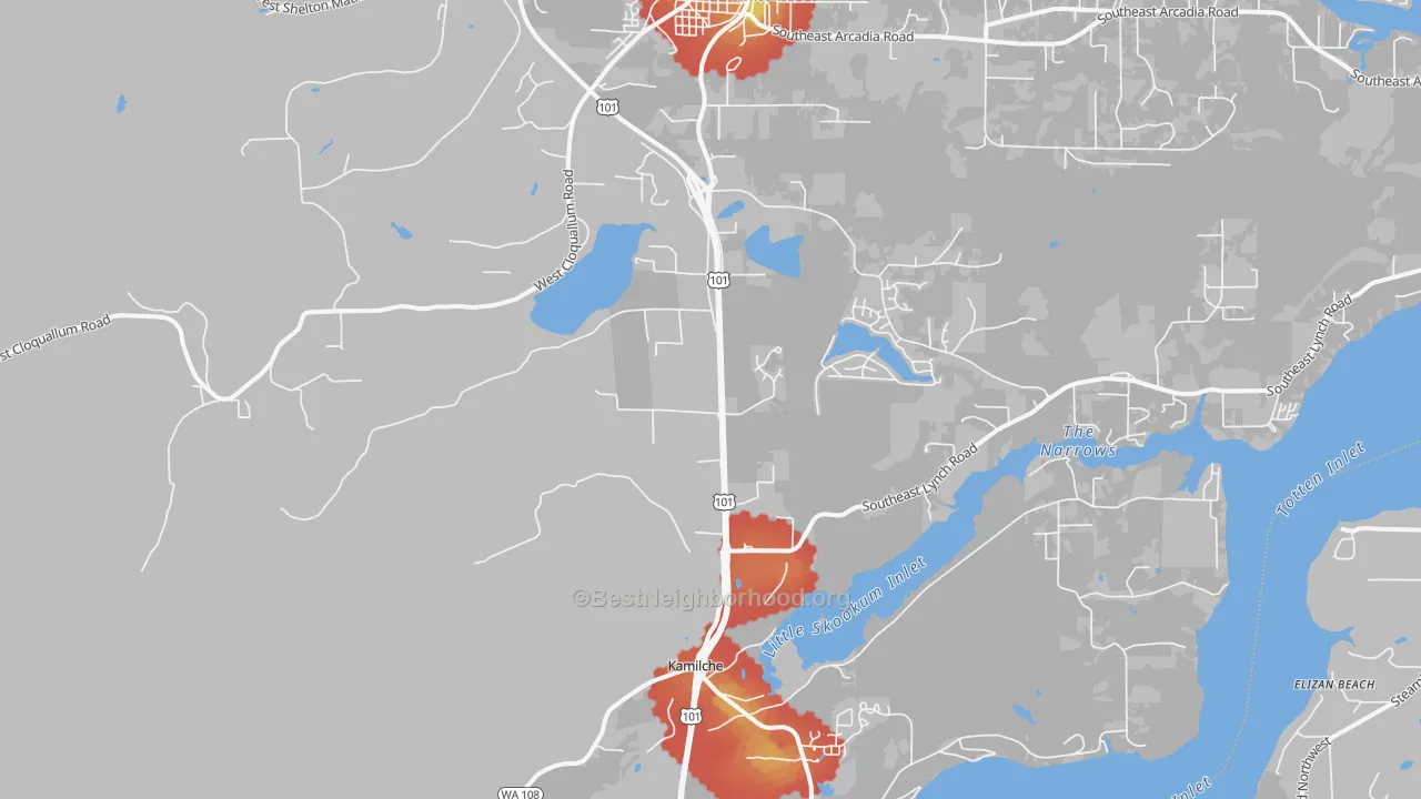 Walk Grade map of Kamilche, WA, walkable areas in green and car-dependent areas in red