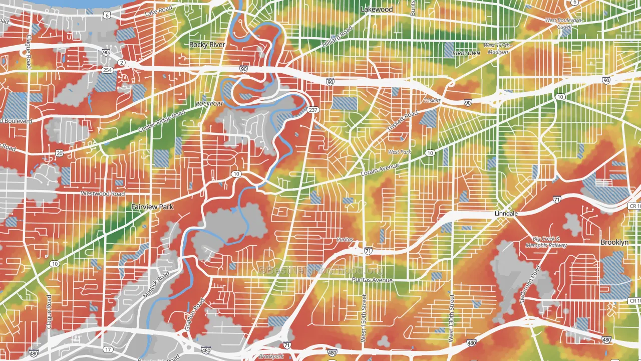 Walk Grade map of Kamms Corner, Cleveland, OH, walkable areas in green and car-dependent areas in red