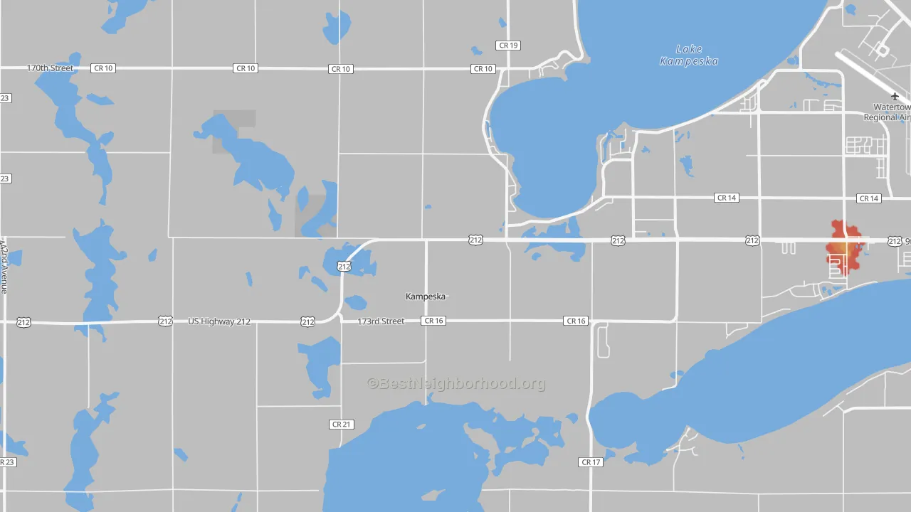 Walk Grade map of Kampeska, SD, walkable areas in green and car-dependent areas in red