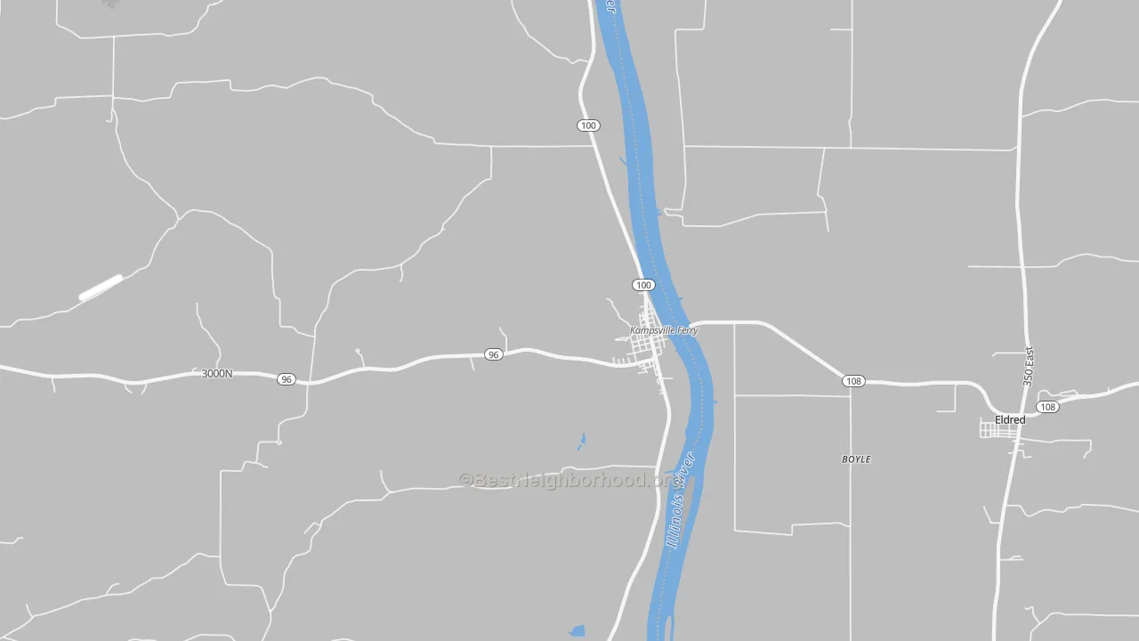 Walk Grade map of Kampsville, IL, walkable areas in green and car-dependent areas in red
