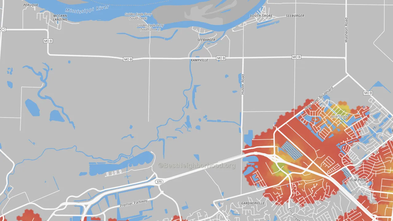 Walk Grade map of Kampville, MO, walkable areas in green and car-dependent areas in red