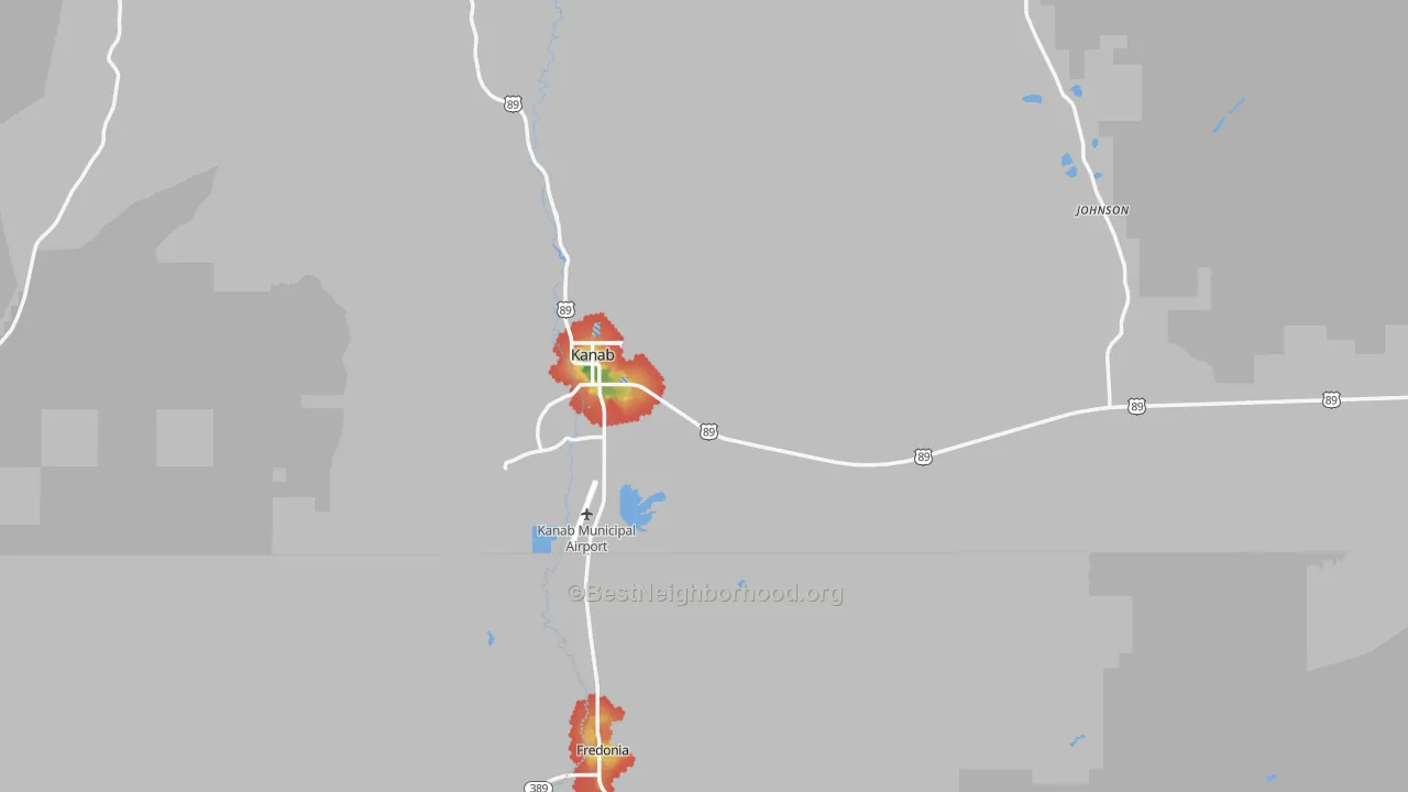Walk Grade map of Kanab, UT, walkable areas in green and car-dependent areas in red