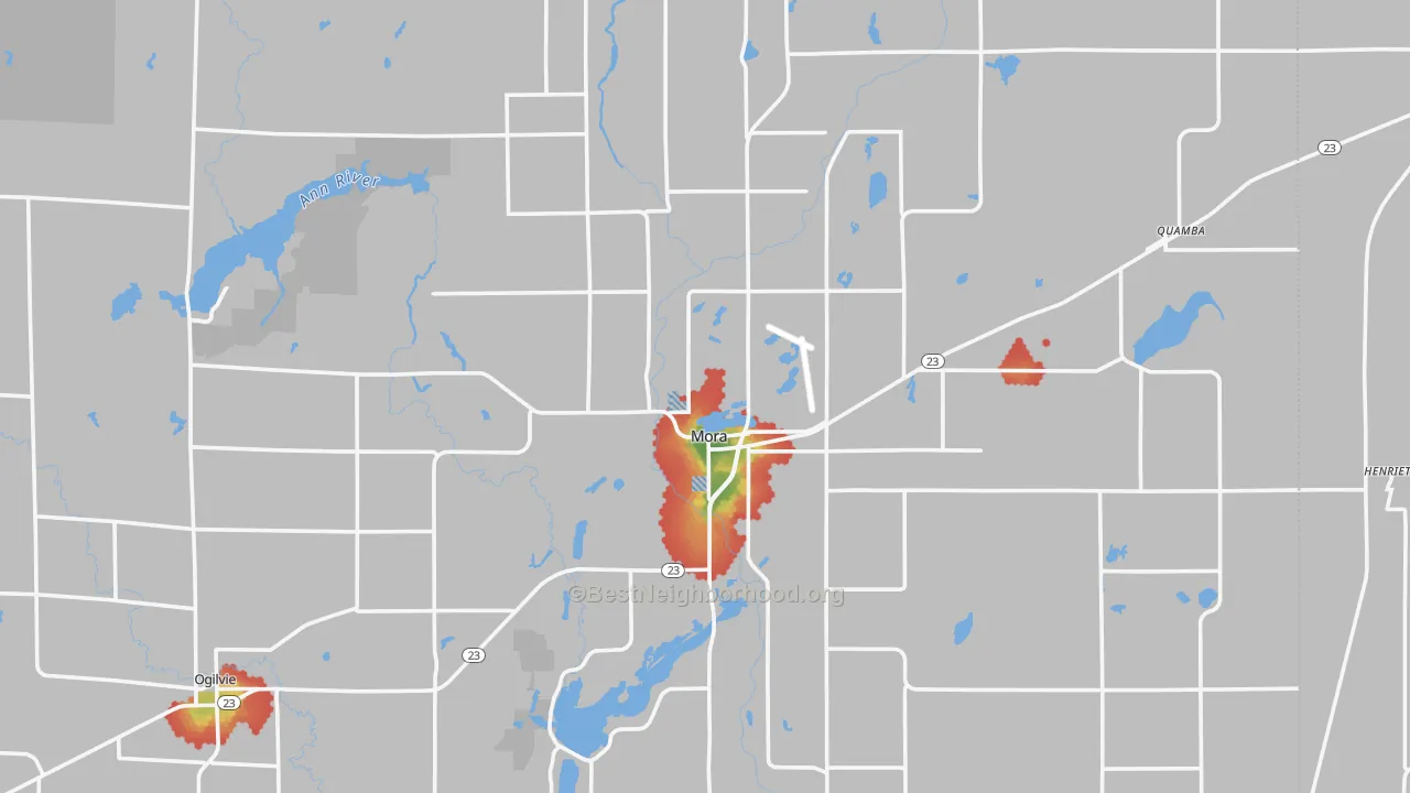 Walk Grade map of Kanabec County, MN, walkable areas in green and car-dependent areas in red