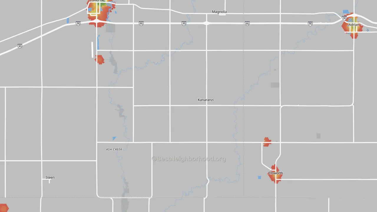 Walk Grade map of Kanaranzi, MN, walkable areas in green and car-dependent areas in red