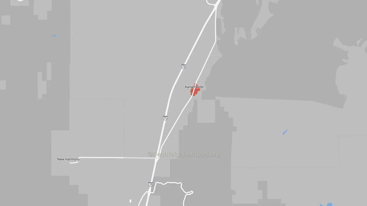 Walk Grade map of Kanarraville, UT, walkable areas in green and car-dependent areas in red