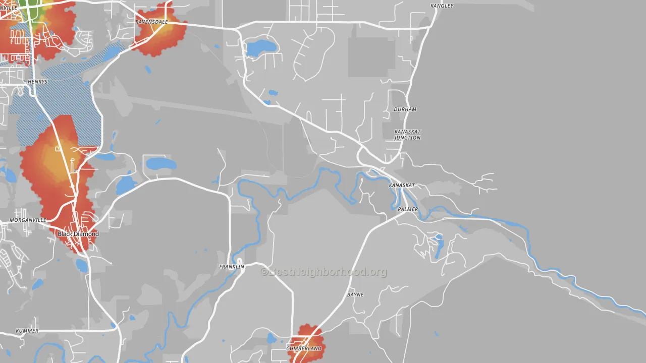 Walk Grade map of Kanaskat, WA, walkable areas in green and car-dependent areas in red