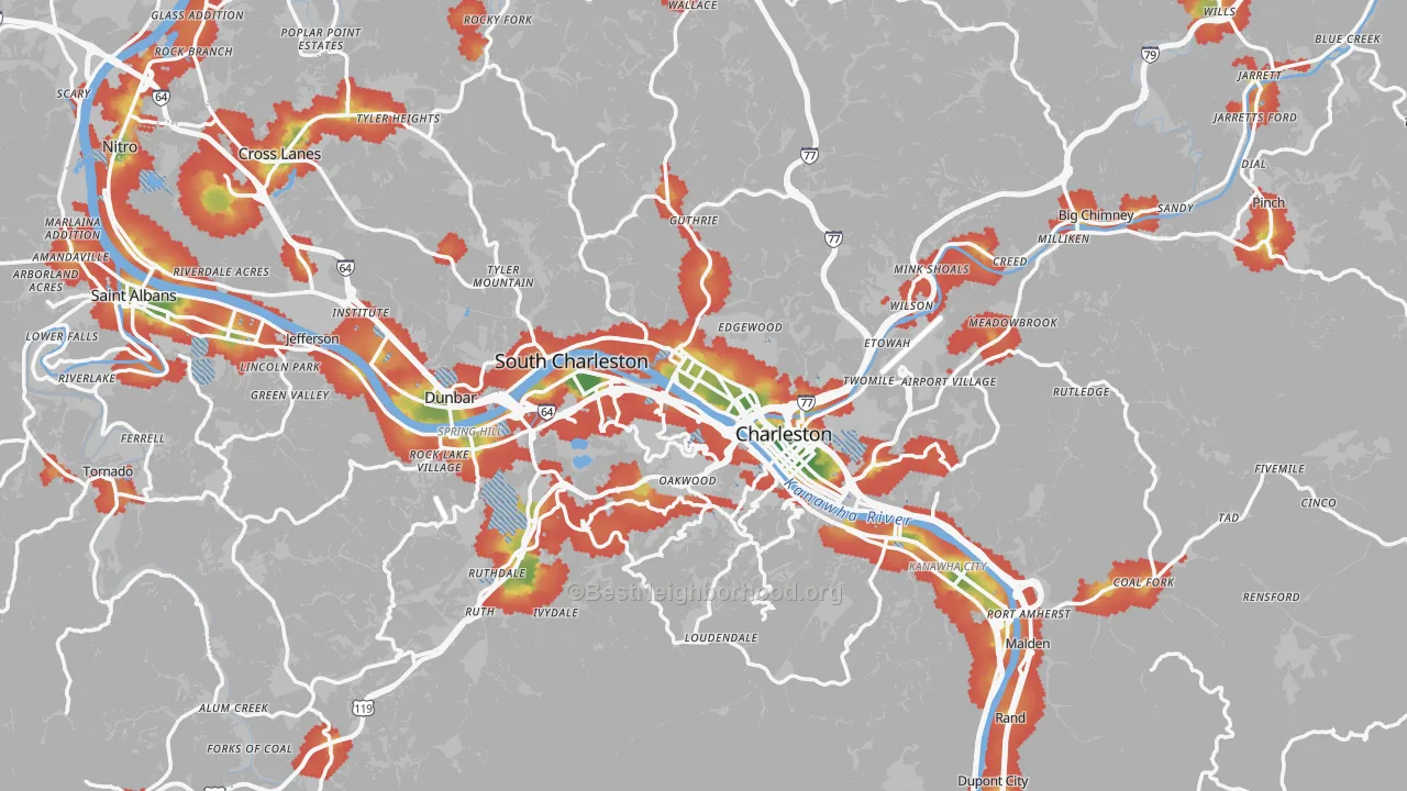 Walk Grade map of Kanawha County, WV, walkable areas in green and car-dependent areas in red