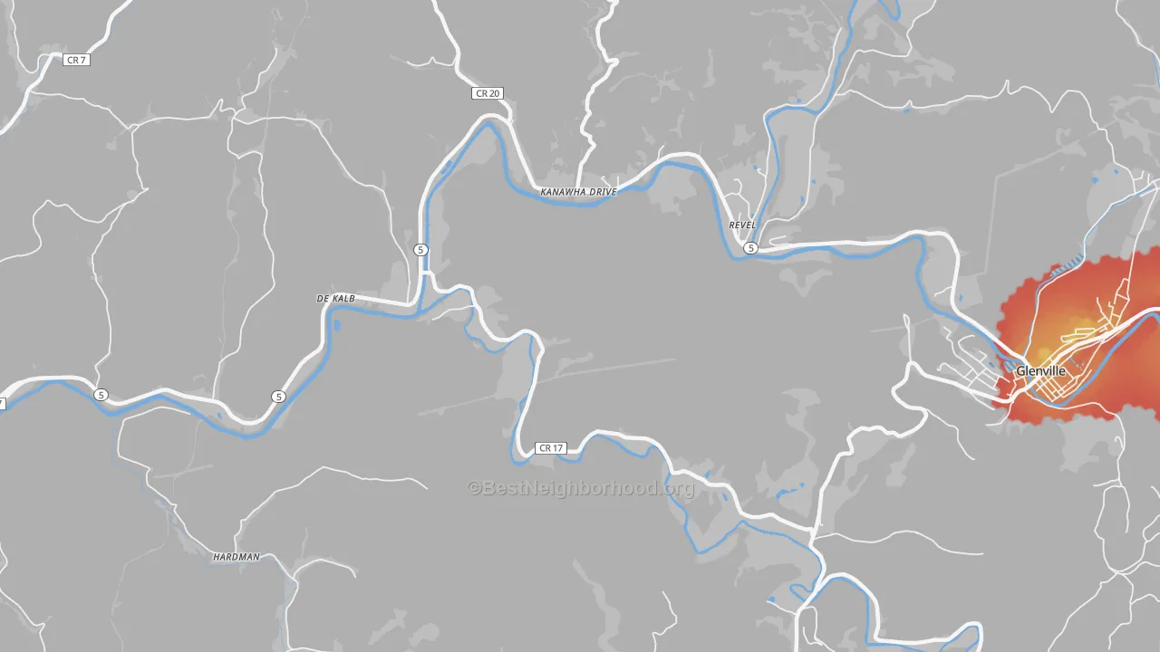 Walk Grade map of Kanawha Drive, WV, walkable areas in green and car-dependent areas in red