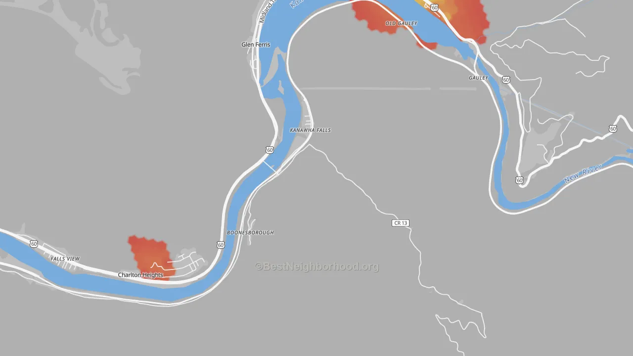 Walk Grade map of Kanawha Falls, WV, walkable areas in green and car-dependent areas in red
