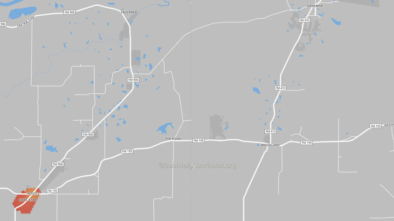 Walk Grade map of Kanawha, TX, walkable areas in green and car-dependent areas in red