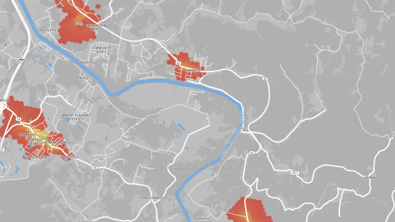 Walk Grade map of Kanawha, WV, walkable areas in green and car-dependent areas in red