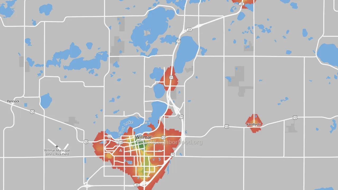 Walk Grade map of Kandiyohi County, MN, walkable areas in green and car-dependent areas in red