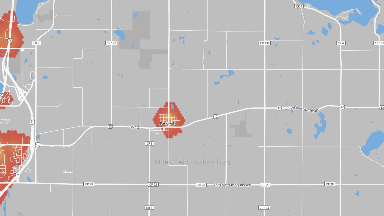 Walk Grade map of Kandiyohi, MN, walkable areas in green and car-dependent areas in red