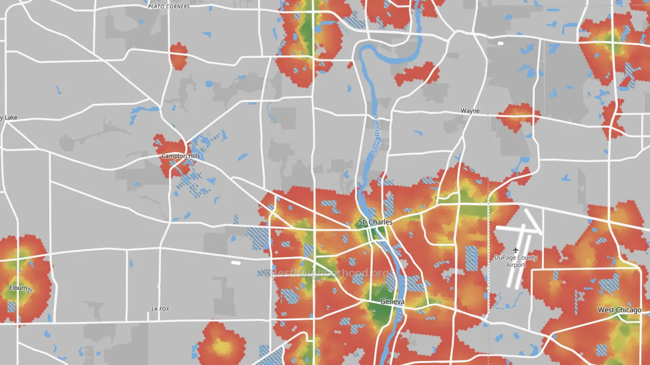Walk Grade map of Kane County, IL, walkable areas in green and car-dependent areas in red