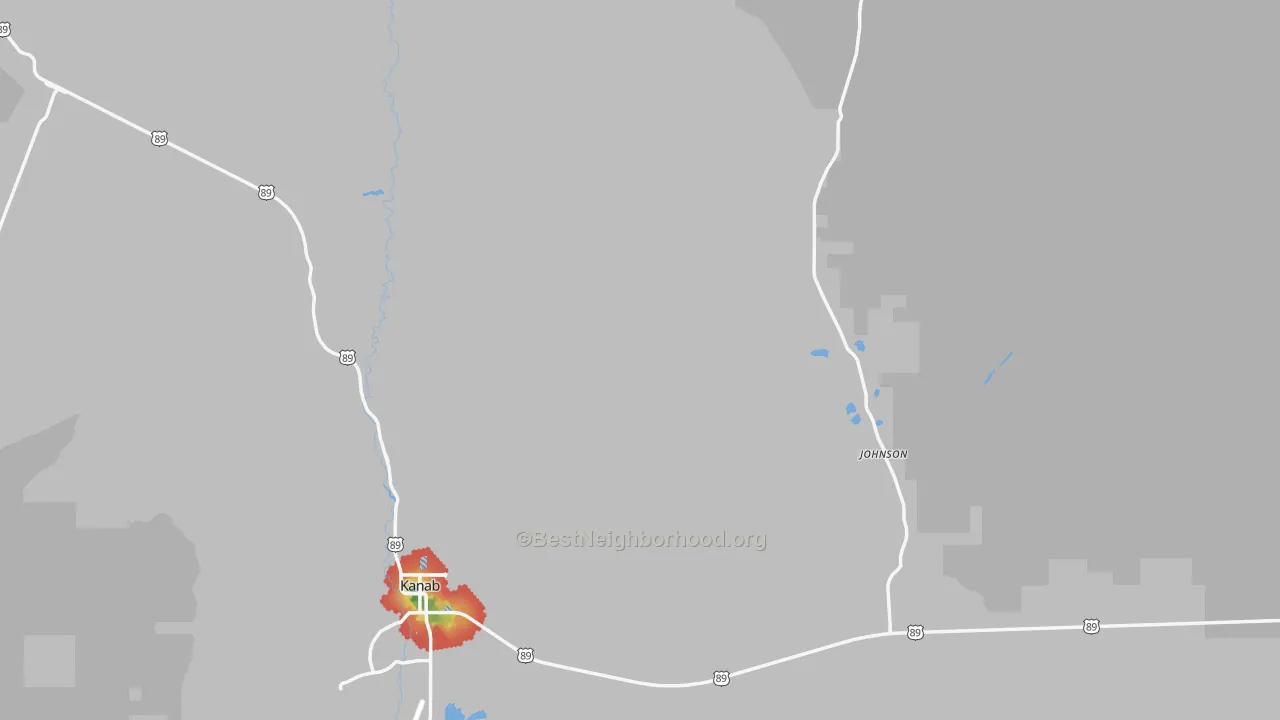 Walk Grade map of Kane County, UT, walkable areas in green and car-dependent areas in red