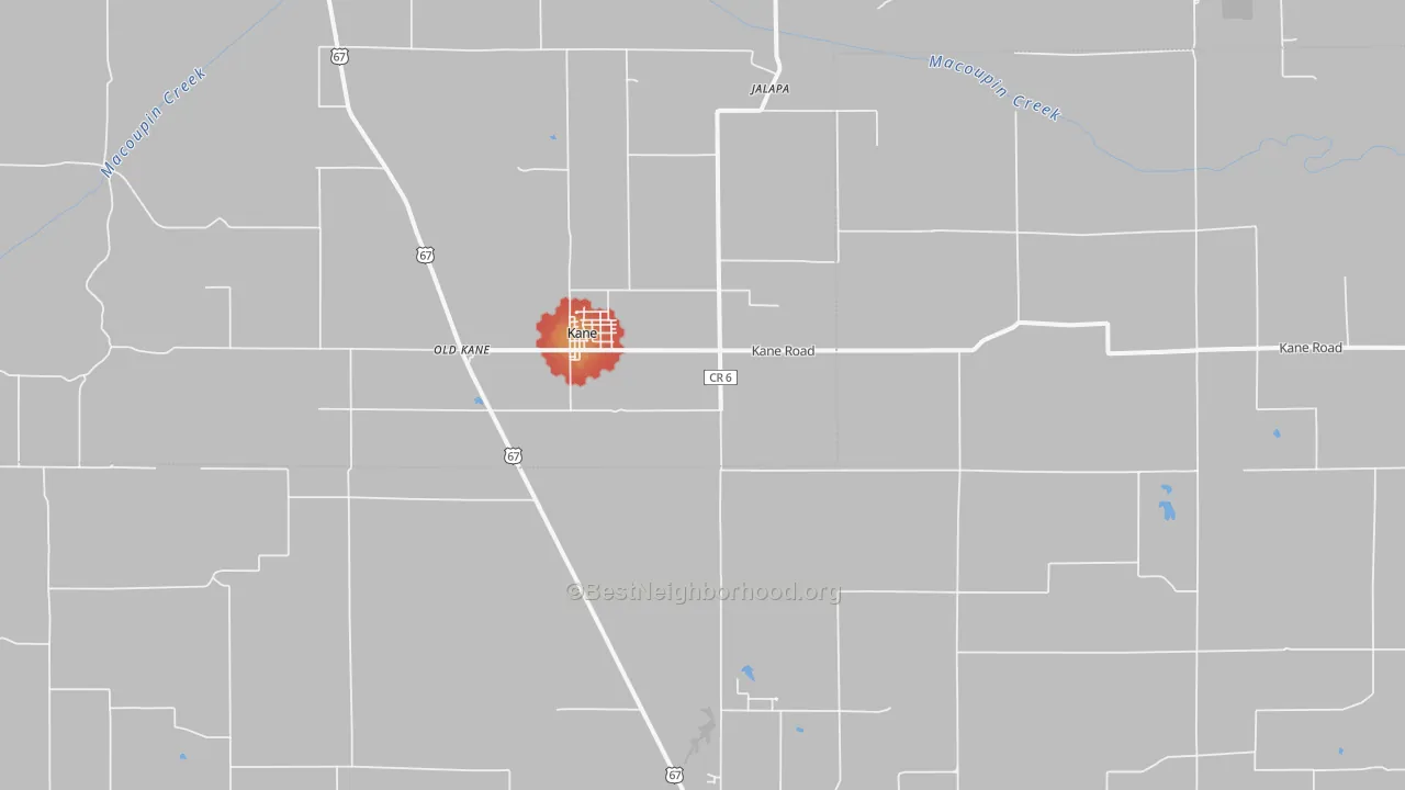 Walk Grade map of Kane, IL, walkable areas in green and car-dependent areas in red