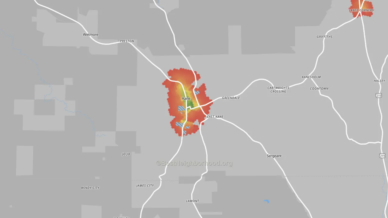 Walk Grade map of Kane, PA, walkable areas in green and car-dependent areas in red