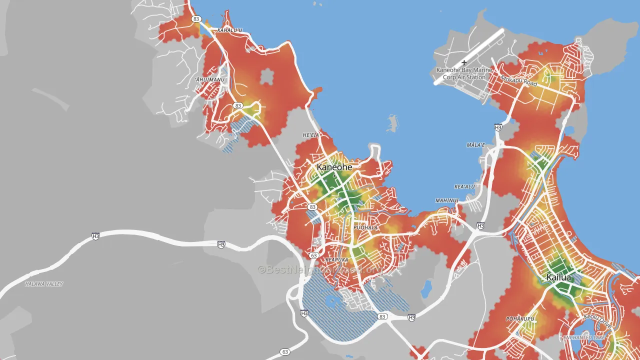 Walk Grade map of Kaneohe, HI, walkable areas in green and car-dependent areas in red