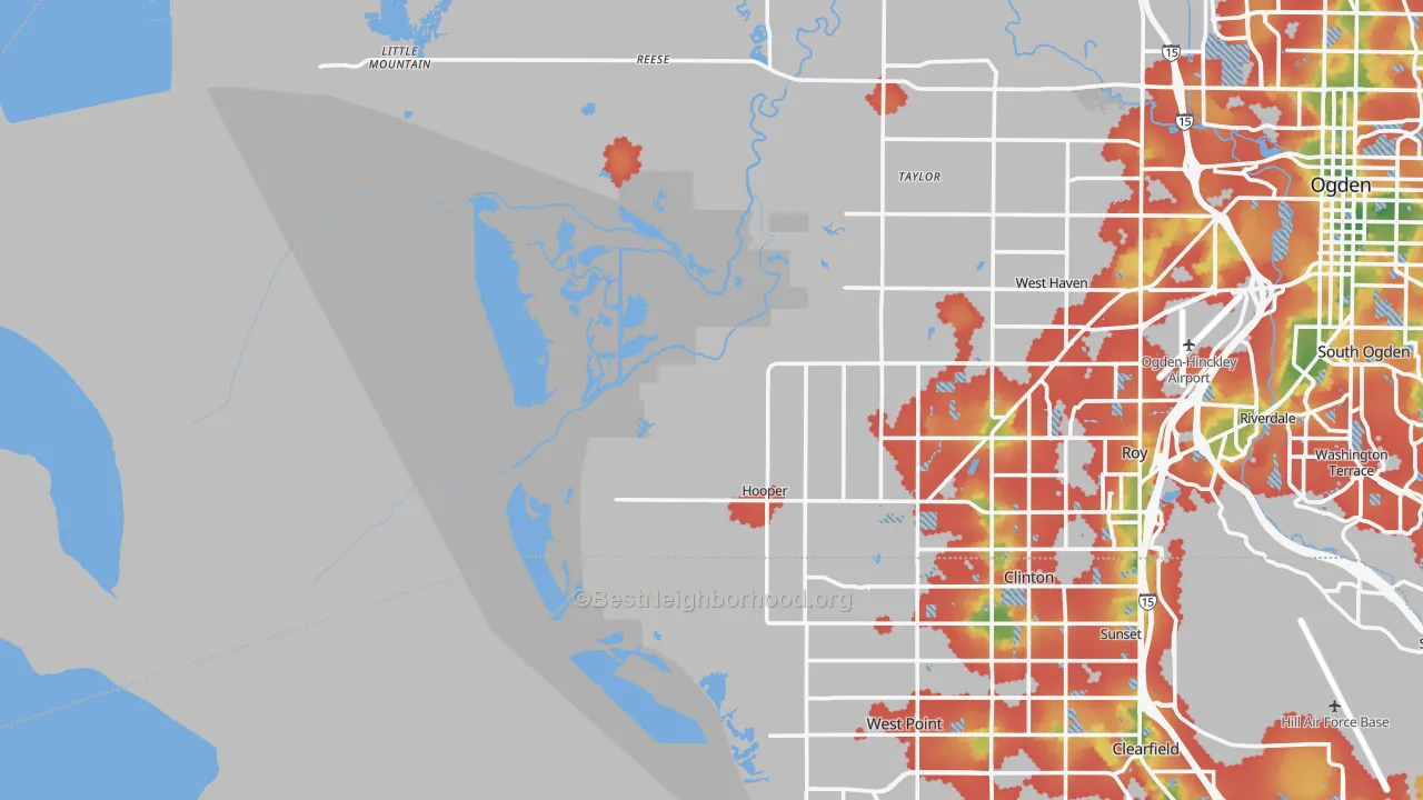 Walk Grade map of Kanesville, UT, walkable areas in green and car-dependent areas in red