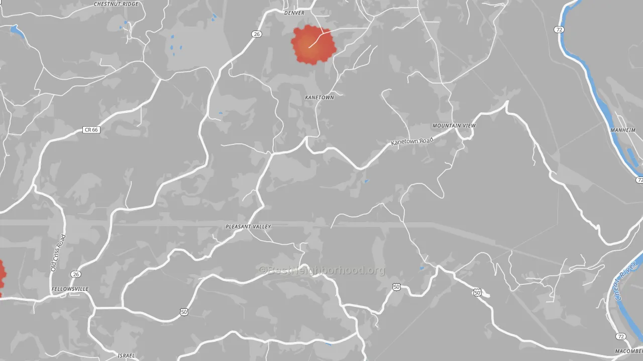 Walk Grade map of Kanetown, WV, walkable areas in green and car-dependent areas in red