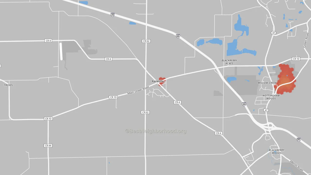 Walk Grade map of Kaneville, IL, walkable areas in green and car-dependent areas in red