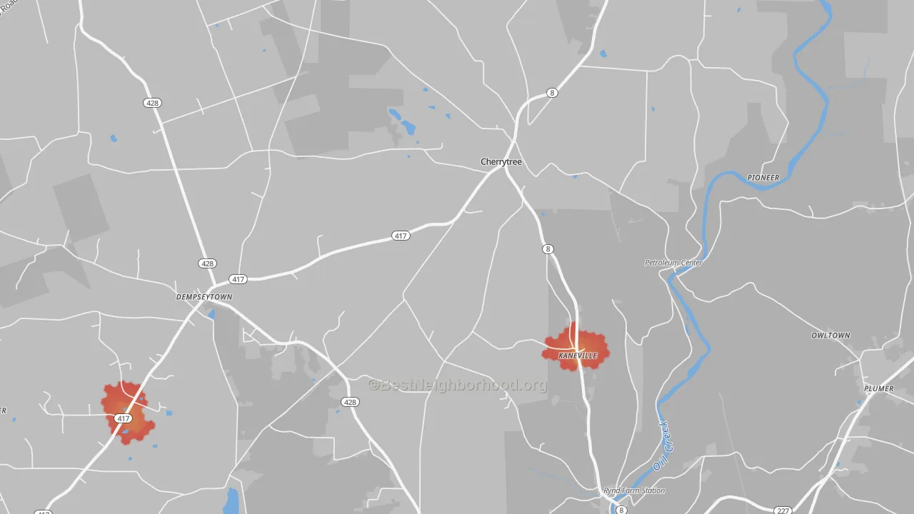 Walk Grade map of Kaneville, PA, walkable areas in green and car-dependent areas in red