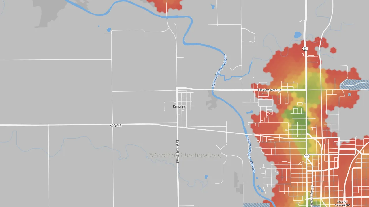Walk Grade map of Kangley, IL, walkable areas in green and car-dependent areas in red