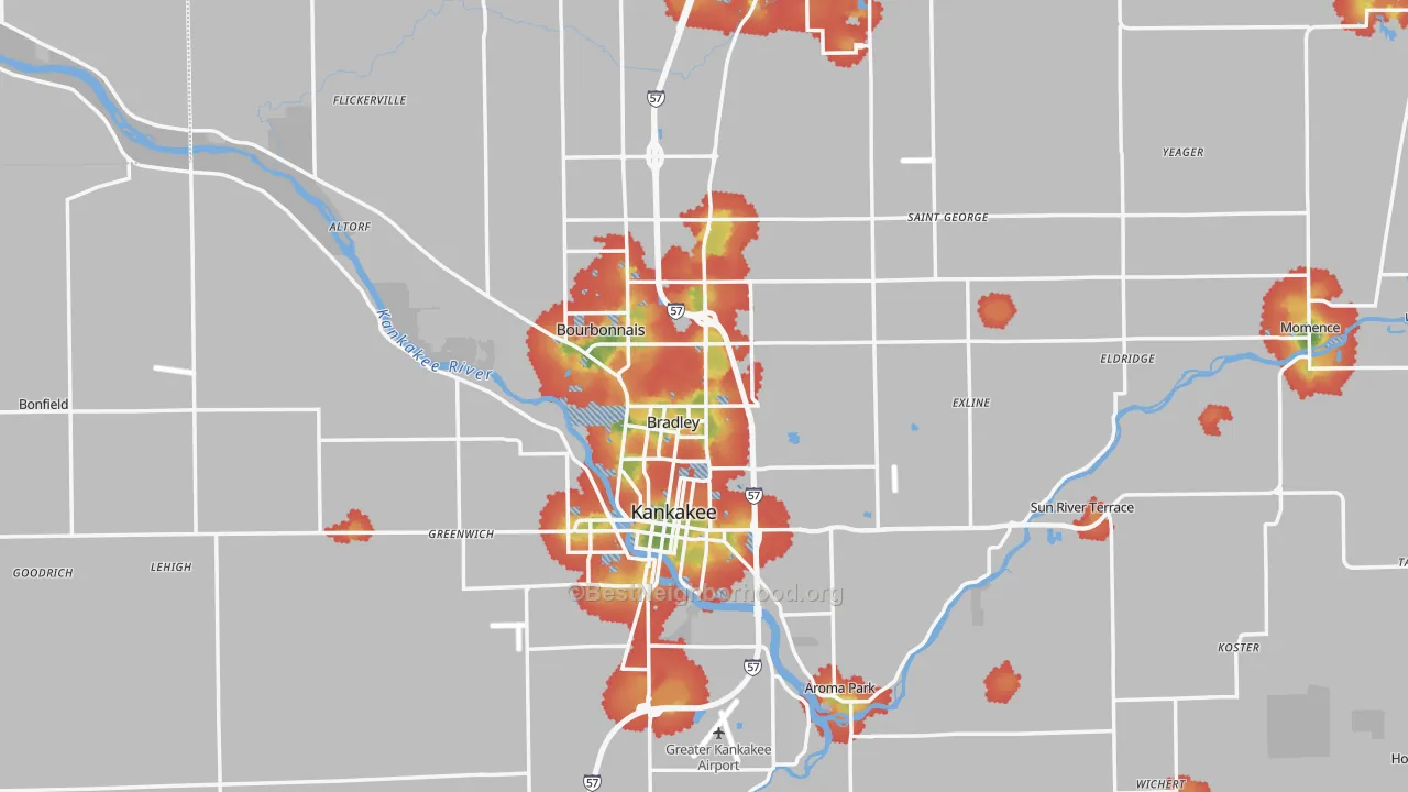 Walk Grade map of Kankakee County, IL, walkable areas in green and car-dependent areas in red