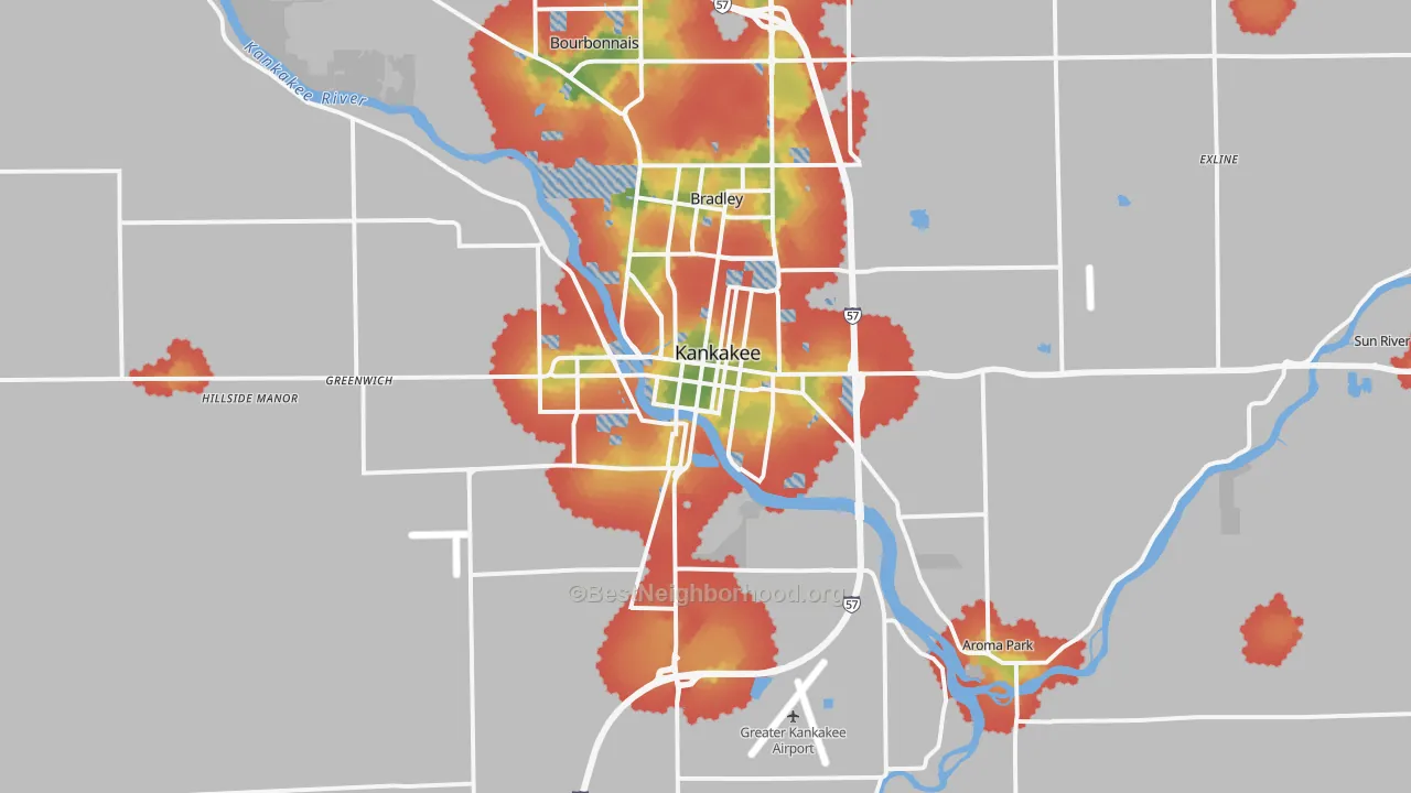 Walk Grade map of Kankakee, IL, walkable areas in green and car-dependent areas in red