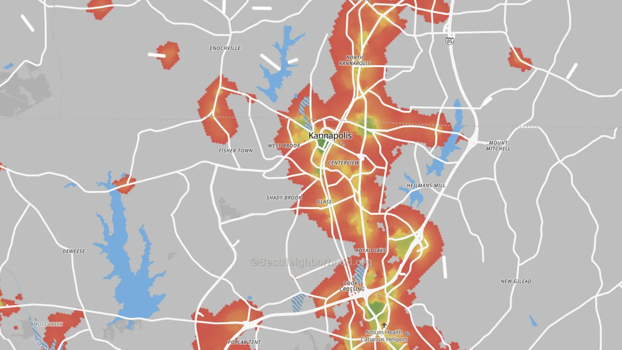 Walk Grade map of Kannapolis, NC, walkable areas in green and car-dependent areas in red