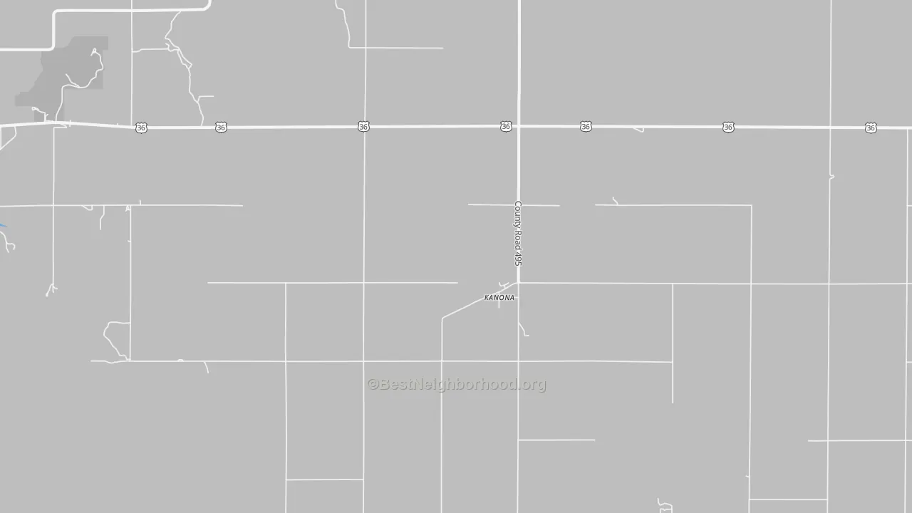 Walk Grade map of Kanona, KS, walkable areas in green and car-dependent areas in red