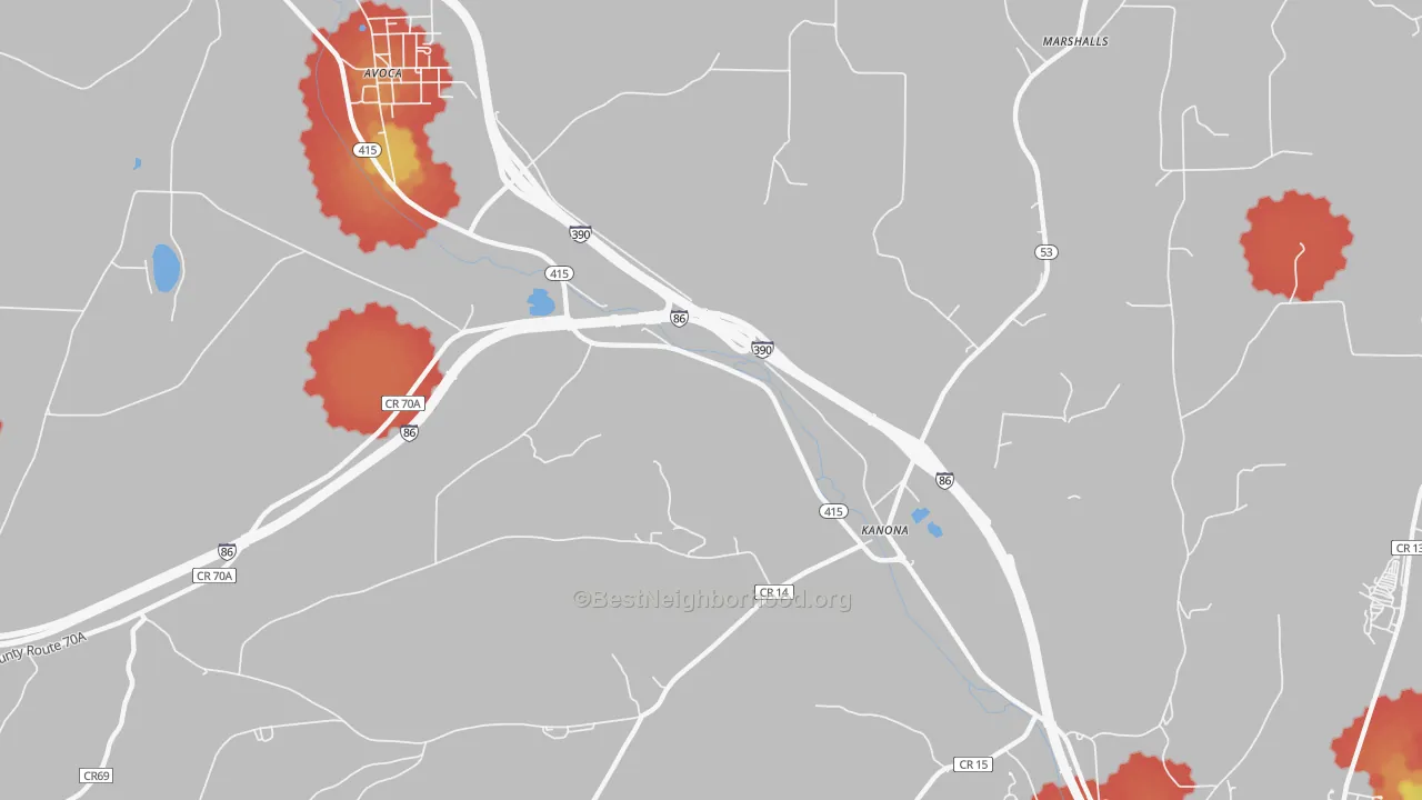 Walk Grade map of Kanona, NY, walkable areas in green and car-dependent areas in red