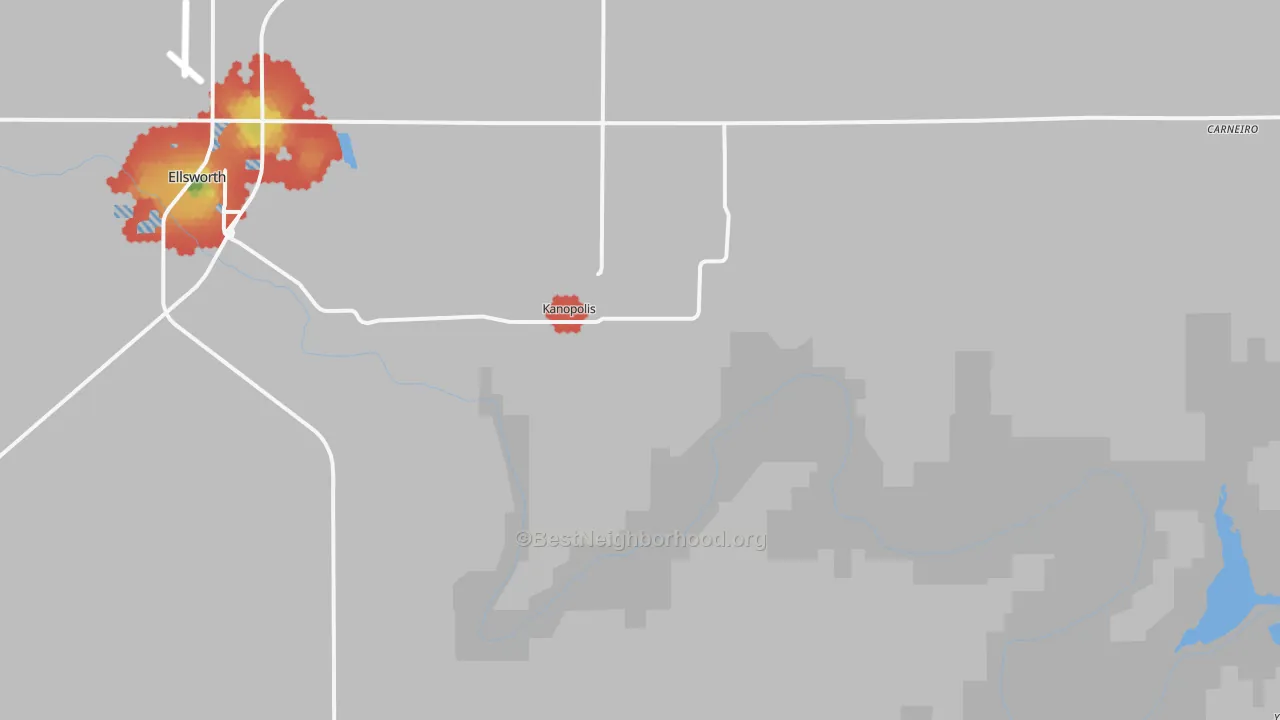 Walk Grade map of Kanopolis, KS, walkable areas in green and car-dependent areas in red