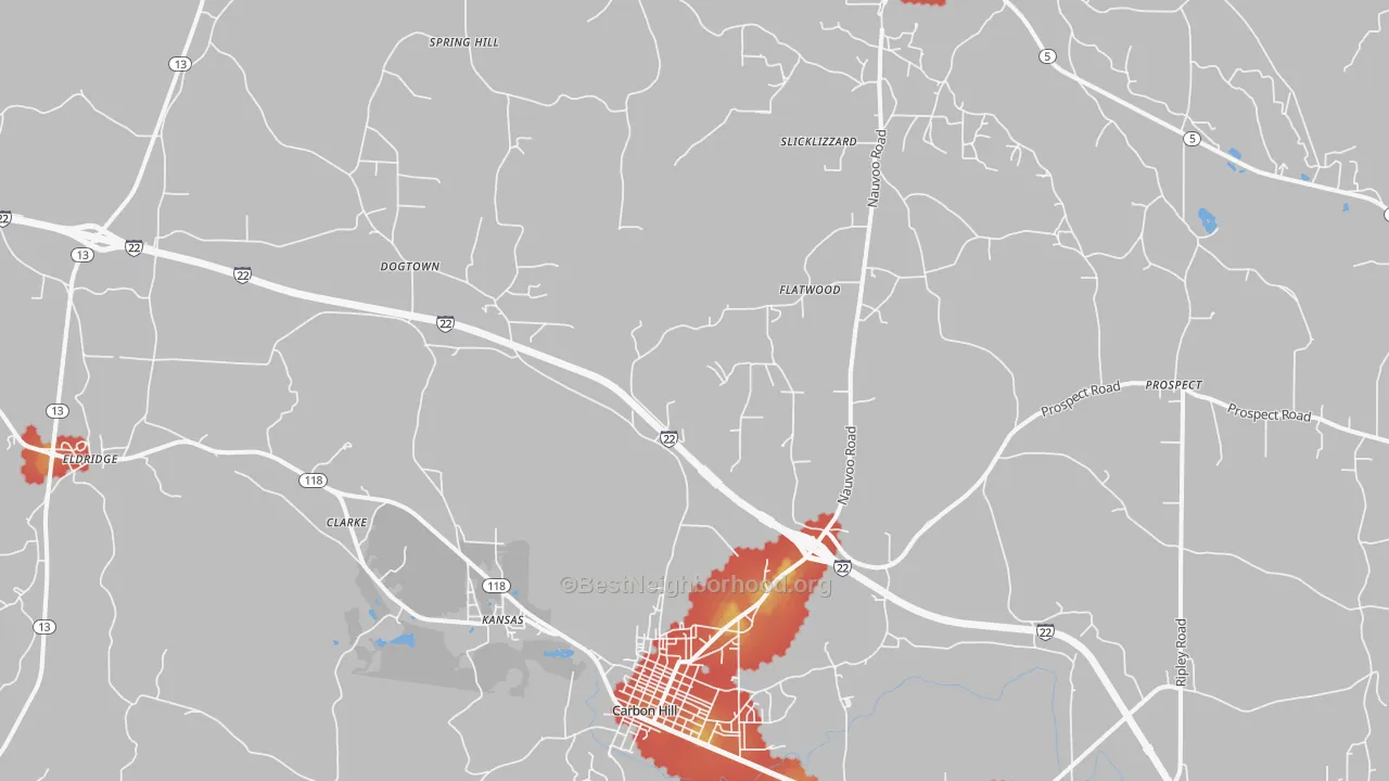 Walk Grade map of Kansas, AL, walkable areas in green and car-dependent areas in red